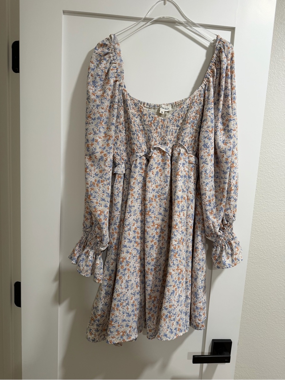 Floral Peasant Mini Dress in Cream and Blue